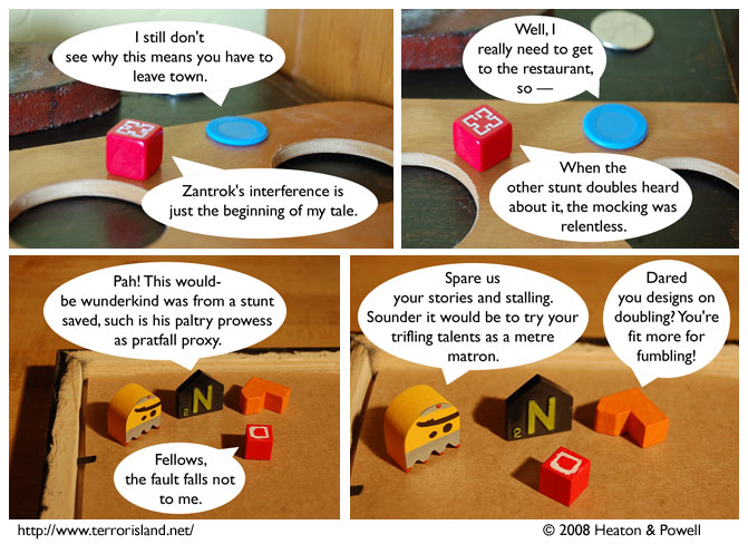 The stunt doubles' names are Grover, Nop Nopper, and The Amazing Ficus. it's hard to appreciate this comic strip without seeing it