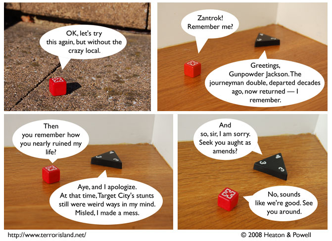 Gunpowder's remarks are offensive to crazy locals. it's hard to appreciate this comic strip without seeing it