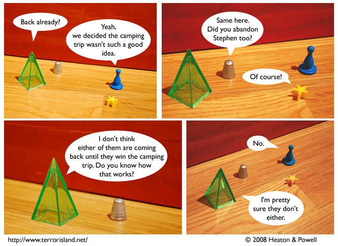 No one knows how to win at camping because it is not actually a competitive event with victory conditions. it's hard to appreciate this comic strip without seeing it